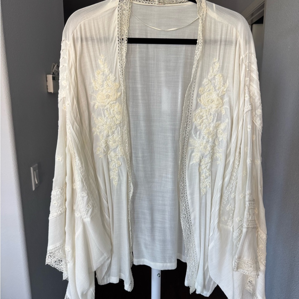 Free People Cream Embroidered Open-Front Kimono